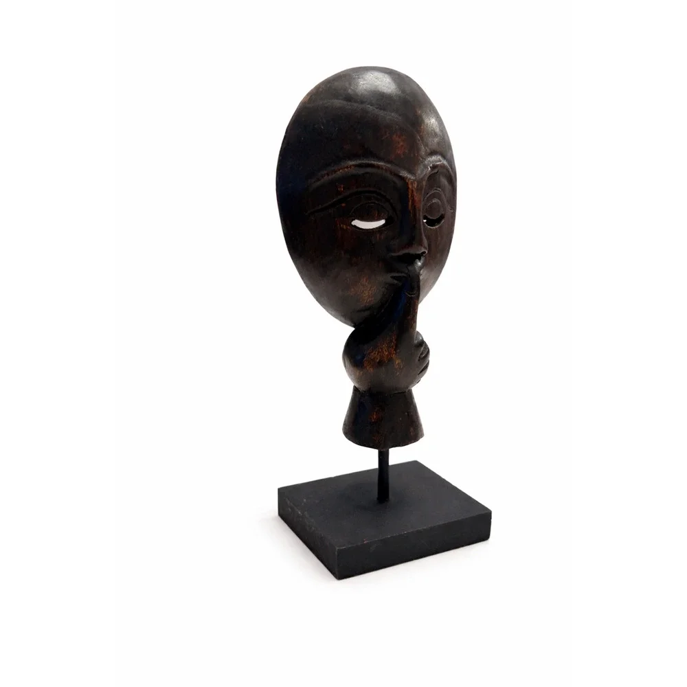 Hand-Carved Wooden “Shh” Mask Sculpture on Stand – African Style Art Decor